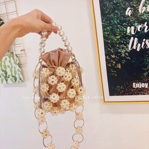 Luxury Handmade Pearl Bucket Bag Women Hand Woven High Quality Beaded Pearl Evening Shoulder Bag Ladies Party Female Handbag