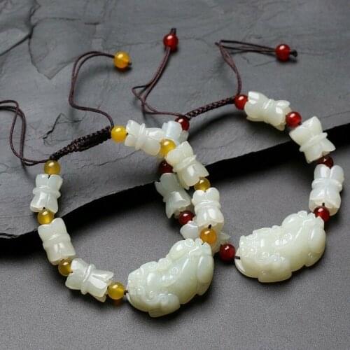 Certified Natural Hand-Carved White Hetian PiXiu Agate Beads Bracelet Jewelry