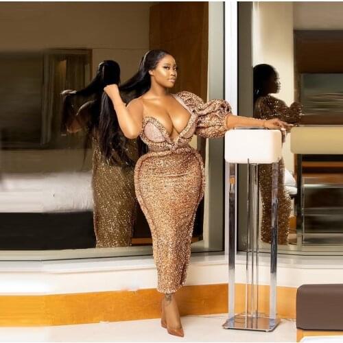 2021 New Designer Aso Ebi Evening Dresses Ankle Length Mermaid Plus Size Women Prom Gown Long Sleeves Sexy Sequins Party Dress