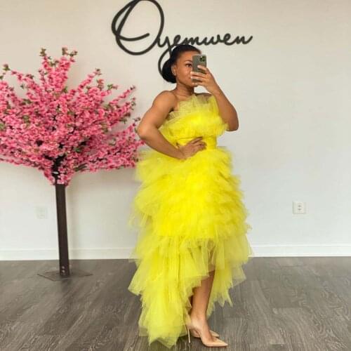 Yellow Simple Exquisite Dresses Tulle Ruffles Woman Dress Strapless Ribbon Trim Custom Made Plus Size