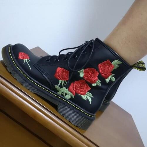Spring New Genuine leather Rose Dragon Embroidered Martin boots Fashionable Flat lace-up Short boots women shoes Big size 34-43