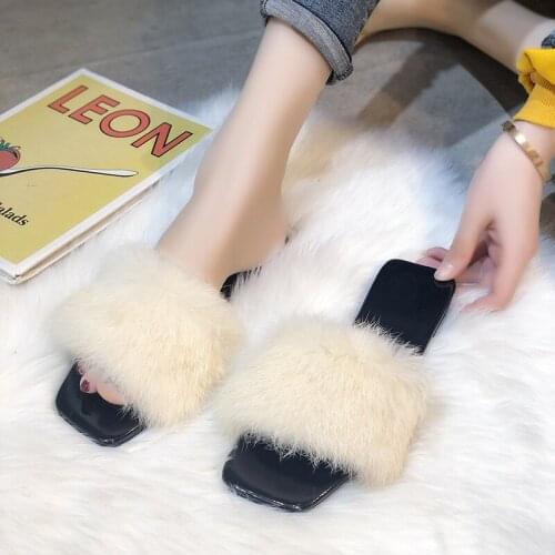 FauxWomenFurrySlippersLadiesShoesCute PlushFox Hair Fluffy Sandals Womens Fur SlippersWarm SlippersWomenшлепанцы женские летние