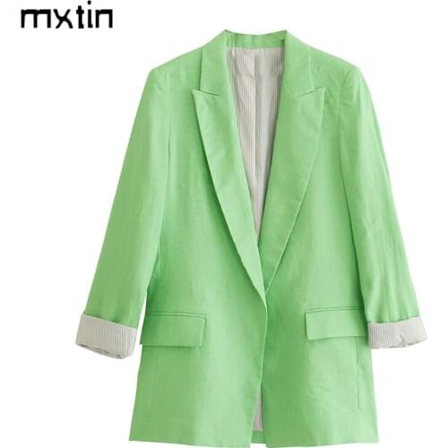 MXTIN 2021 Women Autumn Fashion Solid Pocket Blazers Coat Vintage Lapel Collar Printed Cuffs Office Lady Female Blazer Coat