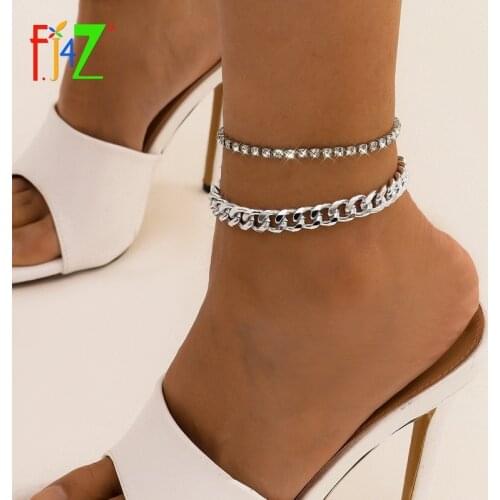 F.J4Z 2021 Trend Footchains For Women 2layer Rhinestone Chain + Curb Chain Anklet Leg Bracelet Lady Summer Beach Jewelry