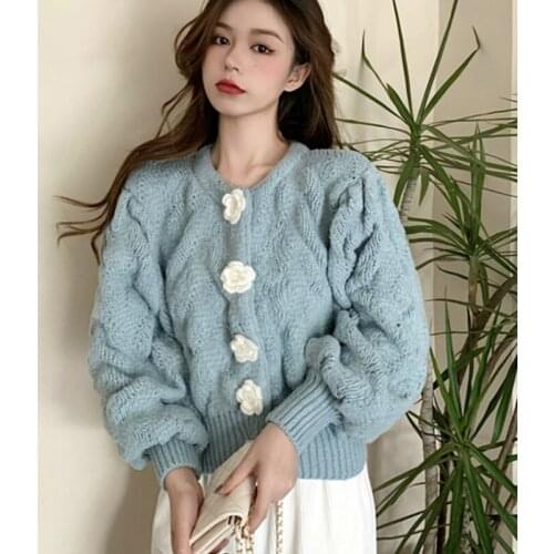 Women Hook Flowers Crocheted Loose Sweater Jacket Flowers Breasted Knit Cardigan Long-sleeved Single-breasted Crop Tops Sueter