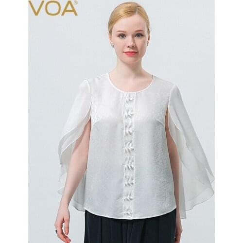 VOA Silk Dark Jacquard Ivory White Round Neck Tucker Pleat Splicing Ruffled Double-layer Pullover Elegant T-shirt BE683 Autumn