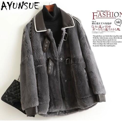 AYUNSUE Winter Real Rex Rabbit Fur Coat Female 2021 Short Casual Sheepskin Leahter Collar Jackets Women Jaqueta Feminina Gxy396