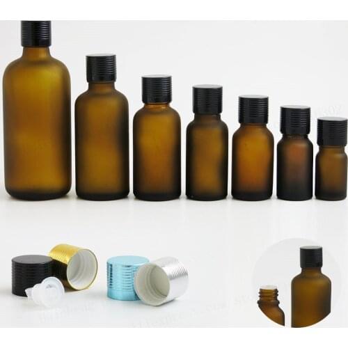 200 x Frost Amber Glass Essential Oil Bottles Container Packaging With Reducer Aluminum Lids 100ml 50ml 30ml 20ml 15ml 10ml 5ml