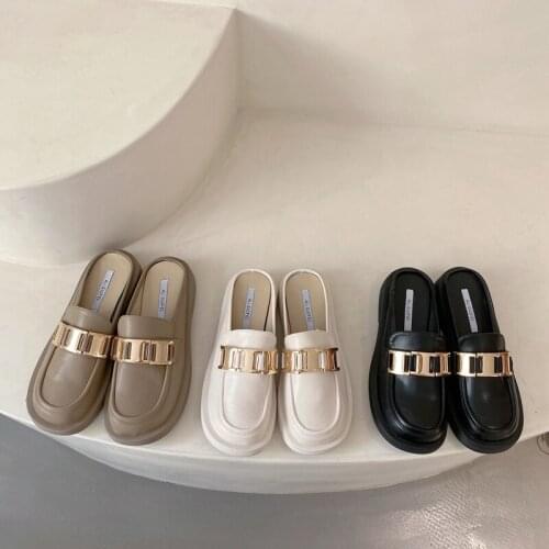 2021 Women Pumps PU Leather Fashion Low Heel Shoes Female Retro Office Lady Footwear Slingbacks Metal Square Button Decoration