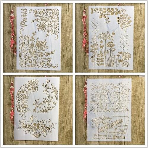 4Pcs / Lot A4 Floral French Word DIY Layered Stencil Painting Scrapbook Coloring Embossed Album Decorative Paper Card Template
