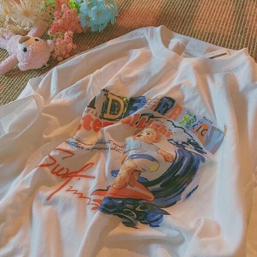 American street retro short sleeve t-shirt men and women lovers summer trend cartoon print loose half sleeve top