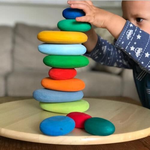 Wood Pebble Balance Blocks Wooden Rainbow Stacking Toys Creative Jenga Colored Stone Building Blocks Educational Toys for Kids
