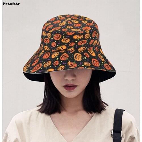 Double-sided Halloween Pumpkins Fisherman Hat ghost Vintage Print Panama Bucket Hat Bob Chapeau Femme Retro Hip Hop Cap Gorros