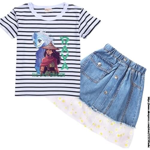 Raya and The Last Dragon Toddler Girls Clothes Teenage Clothing Kids Stripe T-shirt+Denim skirt 2pcs Sets Princess Clothing Set