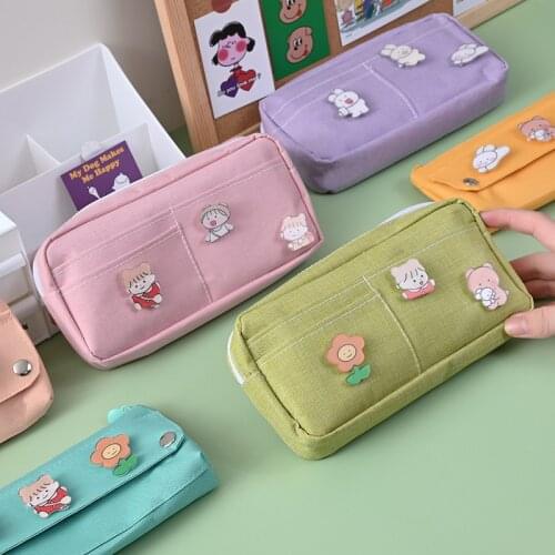 Kawaii Large Pencil Case Stationery Storage Bags Canvas Pencil Bag Cute Makeup Bag School Supplies for Girl Kids Gift w/ Badge