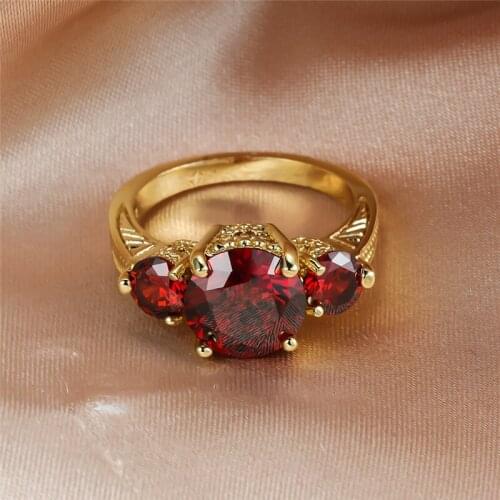 Classic Round Red Crystal Zircon Ring Yellow Gold CZ Stone Engagement Rings For Women Men Wedding Jewelry Female Birthday Gifts