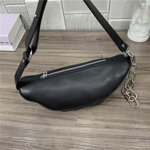 Leisure Biker Moto Leather Waist Bags Women Fashion Punk Black Chains Bag High Capacity Street Zipper Shoulder Bags Female