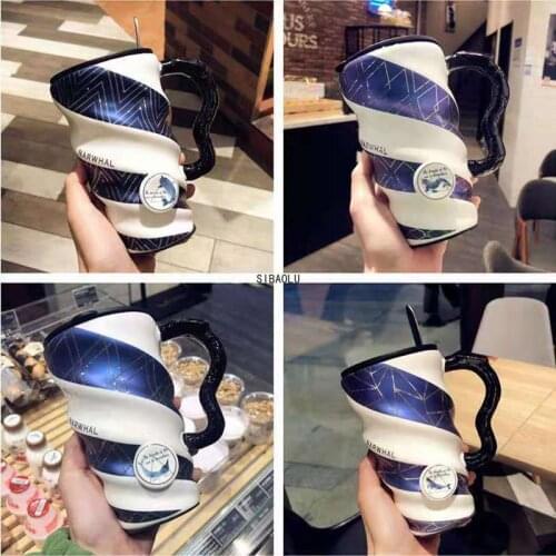 Creative Personality Large Capacity Mug Internet Celebrity Coffee Cup with Lid Ceramic Couple Cups Daily Spiral 580ml