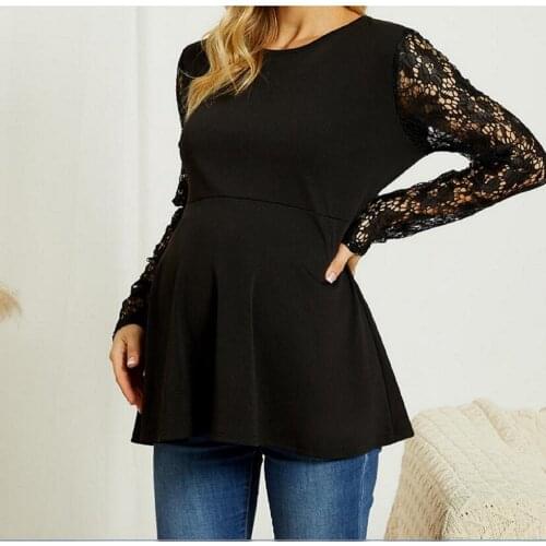 Lace Maternity Tops Loose Pregnancy Blouse Black T-shirt Maternity Clothes Pregnant Womens Clothing