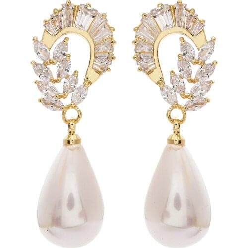 MEILIYISHI Wedding Freshwater Pearl Earring AAA Zircon Gold Color Needle Tree Leaf Earring Jewelry For Mother Women