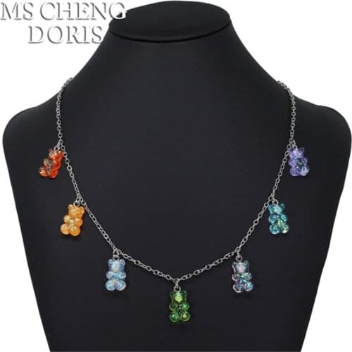 Handmade Cute Judy Cartoon Sequins Resin Bear Chain Necklaces Gummy Candy Color Pendant For Women&Girl Daily Jewelry Party Gifts