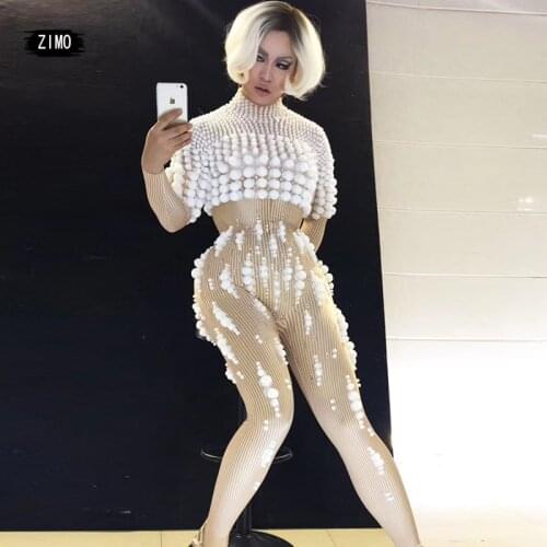 Ball sexy rhinestone Jumpsuits women Outfit White dancer costumes pole performance Singer Dance party dj Nightclub stage spandex