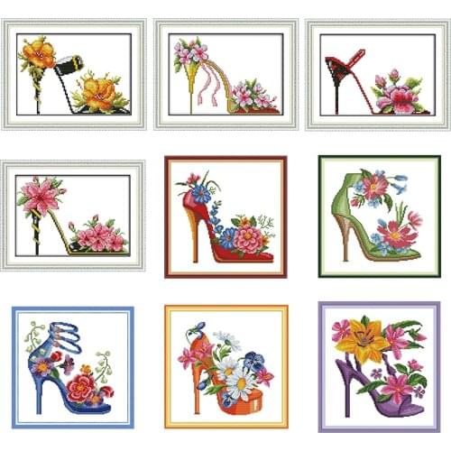 Fashion Flowers High Heels Series DMC Count Cross Stitch DIY Embroidery Kit 11CT 14CT Chinese Cross Stitch Set Home Decoration