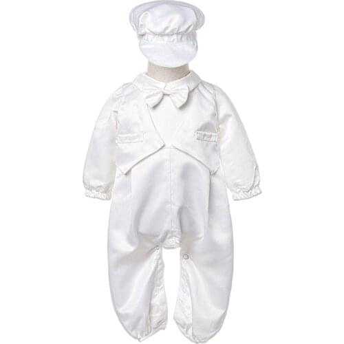 Baby Boys Baptism Clothes Set Bebe Bow Lace Christening Gown One Piece Vest Jumpsuit+Cap Newborn Boy Gentleman Birthday Clothing