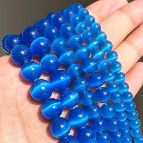 Natural Blue Cat Eye Stone Bead Opal Moon Stone Round Loose Beads For Jewelry Making DIY Necklace Bracelet 4 6 8 10mm 15"/Strand