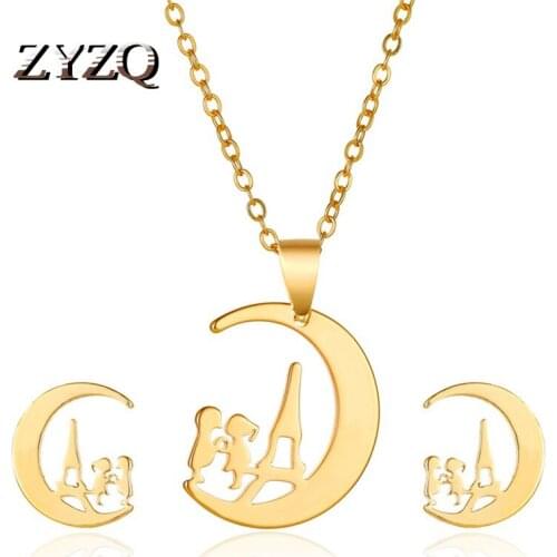 ZYZQ Creative New Couple Moon Necklace Sweet Cartoon Character Earrings Valentines Day Gift