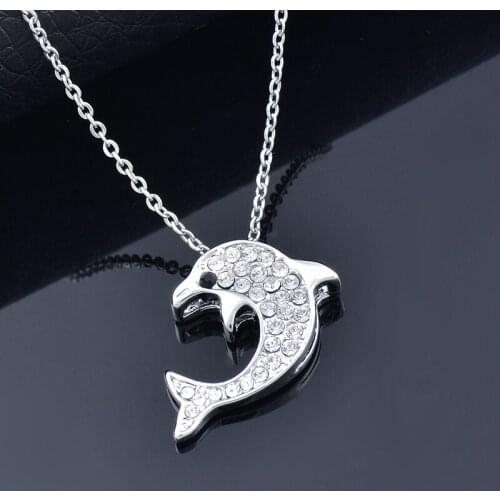 KIOOZOL Cute Blue Silver Color Rhinestone Dolphin Pendant Choker Necklace For Women Animal Style Jewelry Accessories 712 KO2