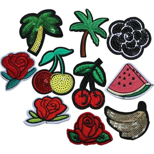 Rose Cherry Coconut Tree Banana Cartoon Icon Iron on Patch for Clothing DIY Stripes Patchwork Stickers Custom Badges