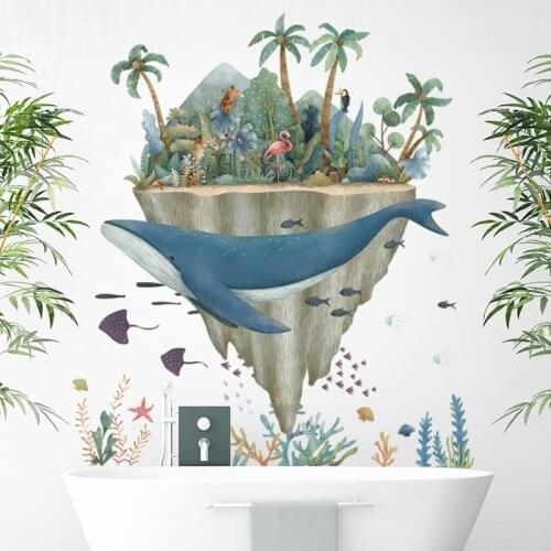 Removable Cartoon Marine Whale Island Animals Wall Stickers for Kids Rooms Decorations Self Adhesive Bathroom Home Decor Murals