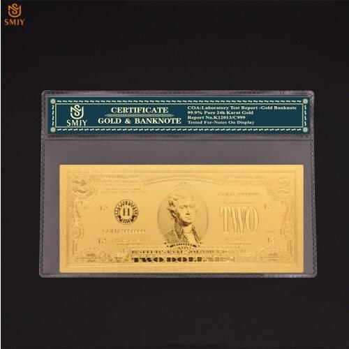 SMJY American Gold Banknote 2 Dollar Money Colorful Gold Foil Bill Souvenir Flat Banknote Collections
