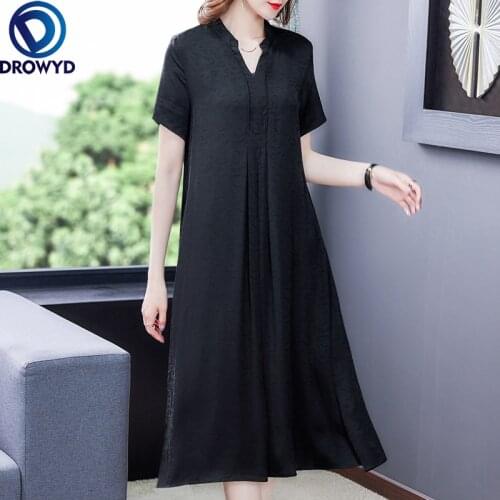 Vintage Black Short Sleeve Dress Summer 2021 Fashion V-neck Short Sleeve Temperament Loose Dresses Elegant Runway Party Vestidos