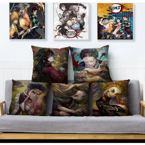 Japan Anime Kimetsu No Yaiba Print Cushion Cover Demon Slayer Pattern Pillowcase Sofa Home Decor Beige Polyester Pillows Cases