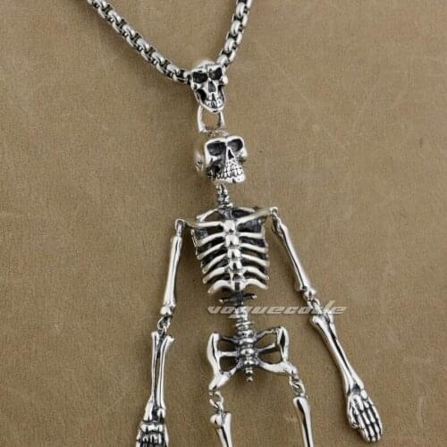 925 Sterling Silver Huge & Heavy Skull Skeleton Mens Biker Pendant 9L015(Necklace 26inch)