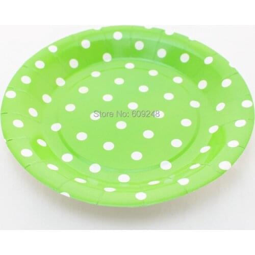 24pcs 9" Kids Birthday Wedding Holiday White Polka Dot Green Paper Plates Bulk Round Party Dessert Paper Dishes Wholesale