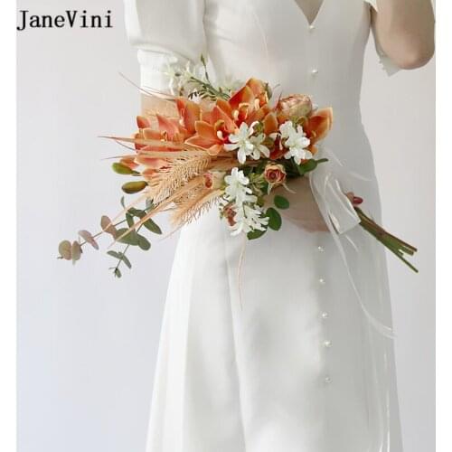 JaneVini Romantic Orange Orchid Eucalyptus Bridal Silk Bouquet Artificial Wedding Roses Flowers Korean Style Bride Bouquet Marie