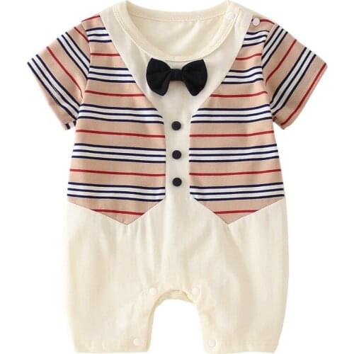 Summer baby clothes Gentleman cotton short-sleeved striped casual handsome newborn boy and girl romper 0-3 months