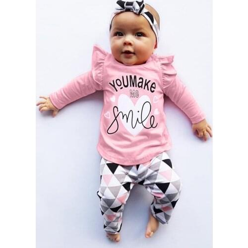 Hot sale Newborn baby girl clothes Suit Cotton Toddler Infant Baby Girls Letter Print Tops Geometric Pants Outfits Set ropa bebe