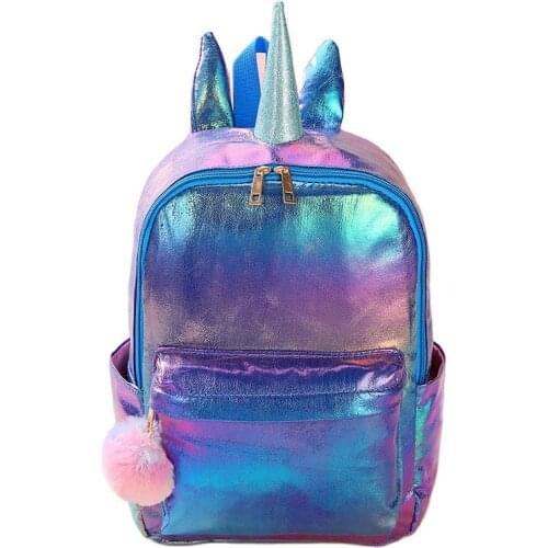 Unicorn school bags pu woman backpack polyester Waterproof bookbag for women teenager with Pom Pom causal travel backpacks 14
