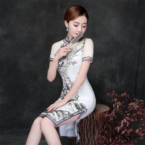 Chinese Vintage Cheongsam Short Sleeve Chinese Traditioanal Costume Lady Short Qipao Mini Slim Dress Chi-Pao 89