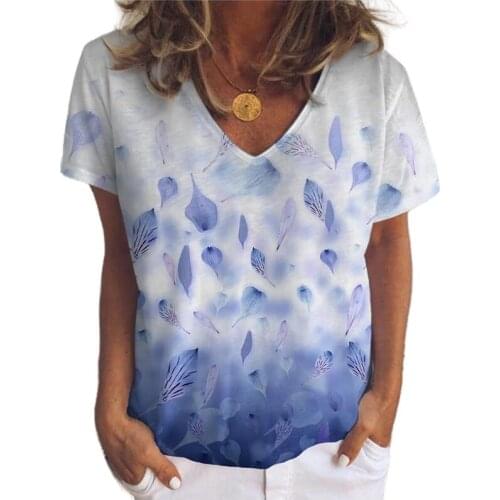 Summer Shirts Women Short Sleeve Gradient Feather Leaves Print Tops Casual Loose V-Neck Pullover Ladies Vintage Tee Top Clothing