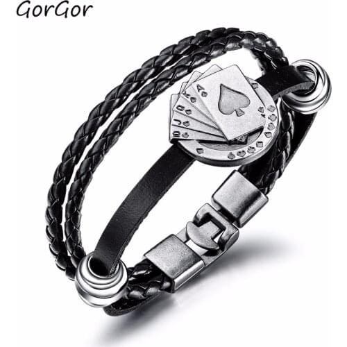 GorGor Hot Sale Stylish Retro Minimalist Style Poker Pendant Jewelry Woven Leather Weave Design Mens Bracelet 1328