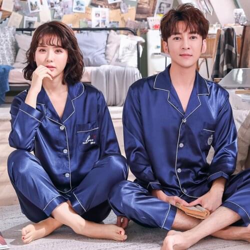 Couple Pajamas Suit Women Summer Spring Autumn Sleepwear Mens Long-sleeve Suit Ice Silk Thin Simple Quality Home Service