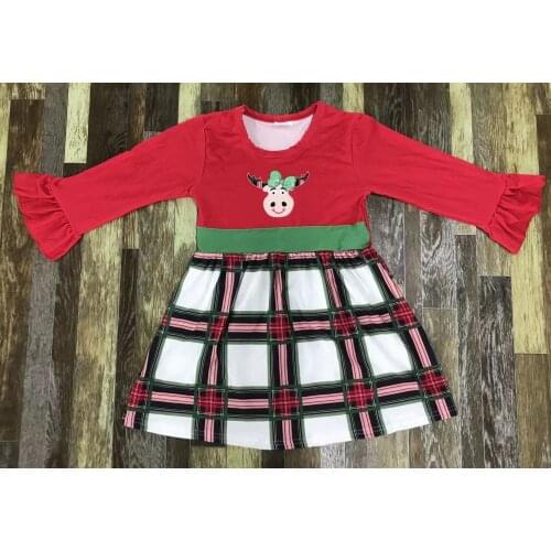 Christmas childrens clothes Baby girl bow cow head plaid lace long sleeve dress