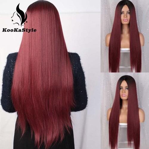 KooKaStyle Long Straight Wig Synthetic Wigs for Black Women Natural Red Wig Heat Resistant Pink/Orange Wigs for Women