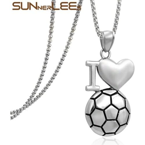 SUNNERLEES Jewelry Stainless Steel Punk The World Cup Heart Football Pendant Necklace Link Chain Optional For Mens Womens SP59