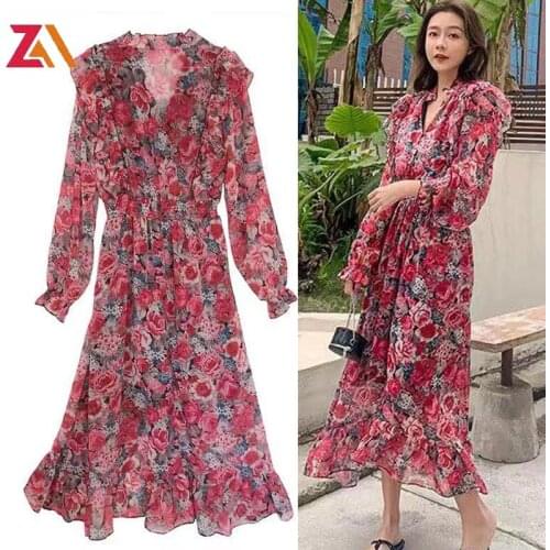 ZALady beach boho women maxi dresses fashion summer autumn elegant floral ruffles Elastic waist long sleeve Bohemia dress robes
